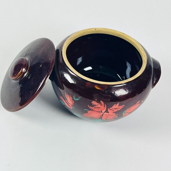 Vintage Ceramic Bean Pot With Lid & Handles Painted Floral Design USA - Picture 3 of 9